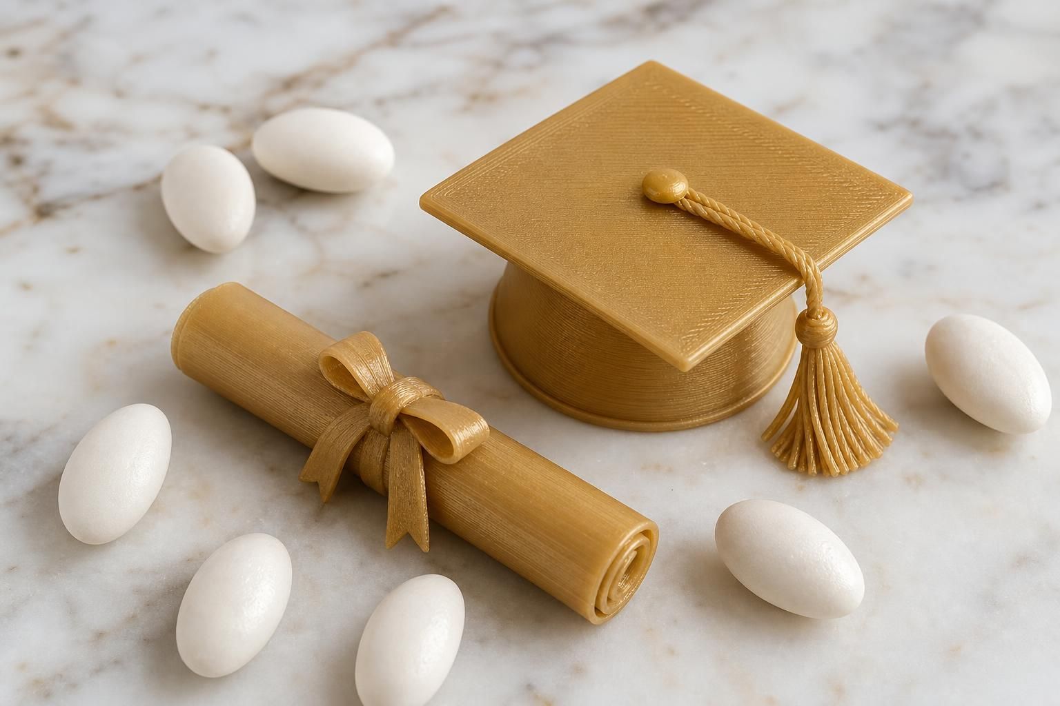 Selezione di bomboniere di laurea su superficie chiara con cappello da laureato, diploma e confetti