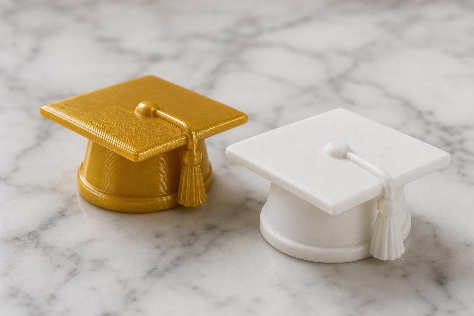 Confronto visivo tra bomboniere di laurea in resina lucida e PLA opaco, esempi di materiali stampati in 3D